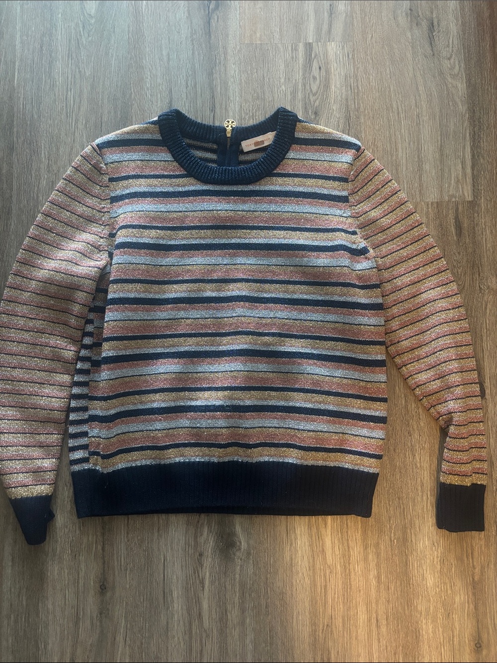 Tory Burch Metallic Multicolor Striped Crewneck Sweater with Navy Trim